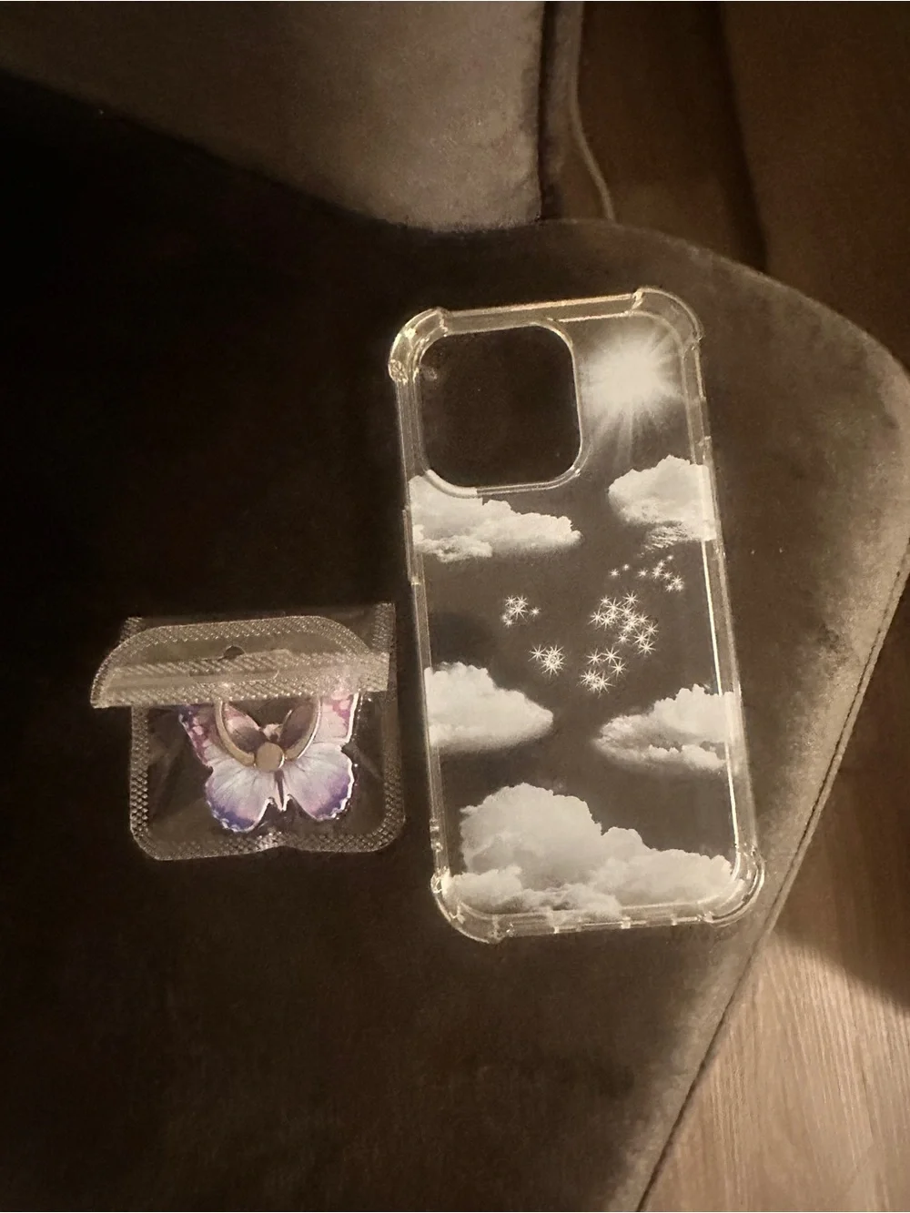 Clear Cloud Pattern iPhone 14 pro Case with Purple Butterfly Ring Holder
